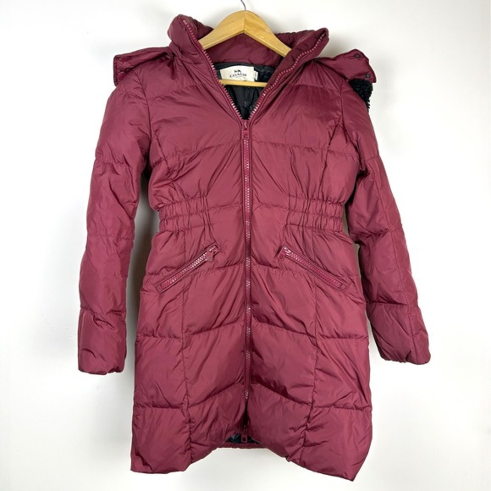 Coach Womens Puffer Coat Burgundy Quilted Hooded Parka Sherpa Trim XS‎ Burgundy